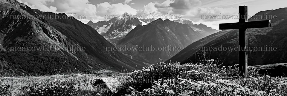 Wooden Christian cross in mountain meadow – meadow photos 13690x4602