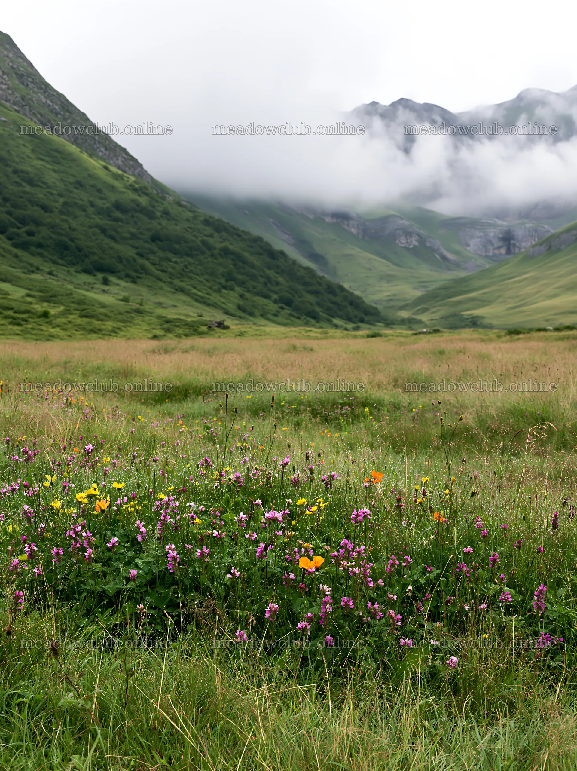 Meadow with dew and blooming flowers in a valley – meadow photos 6866x9174