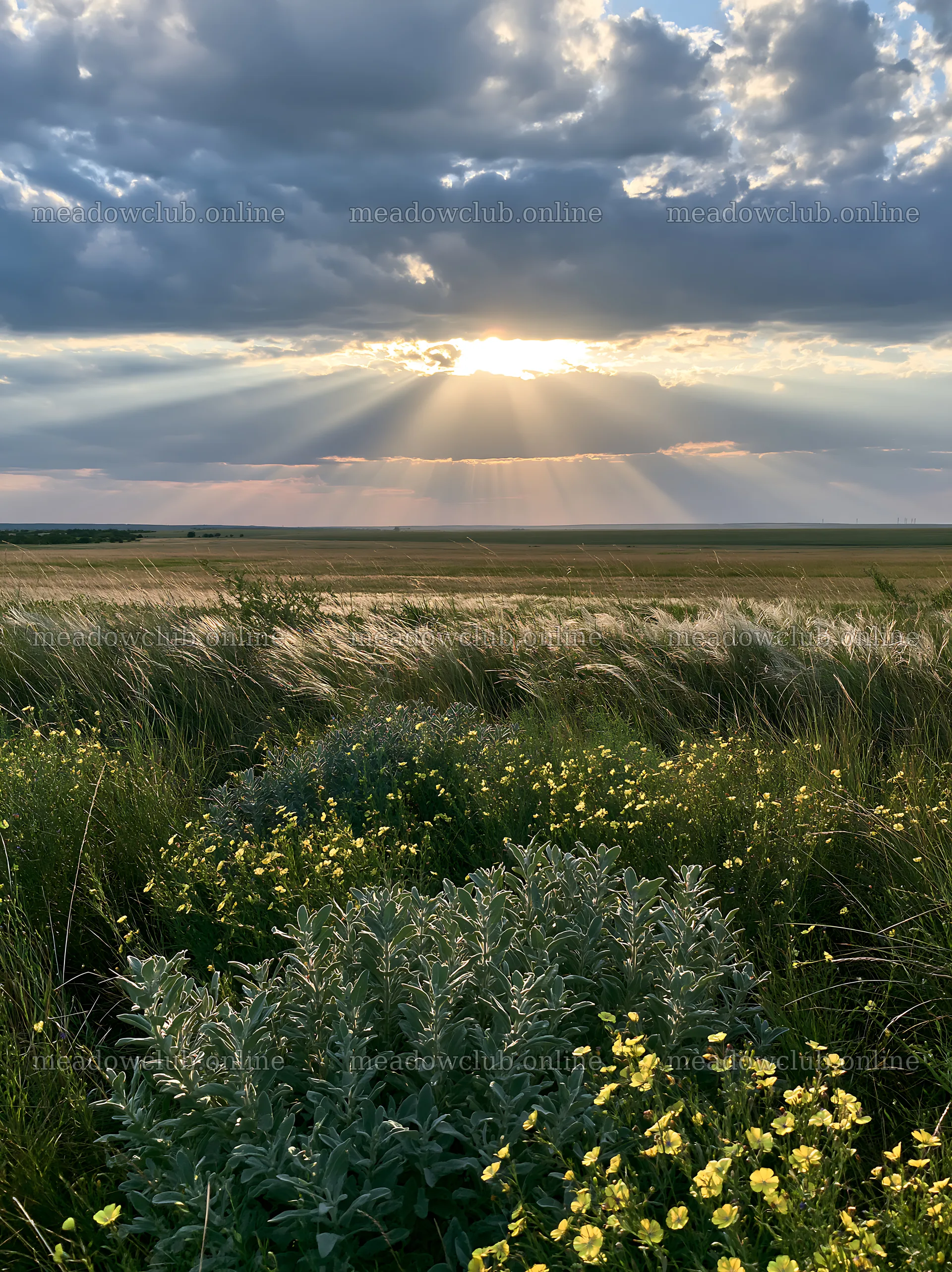 Crepuscular rays over a meadow with wildflowers – meadow photos 6866x9174