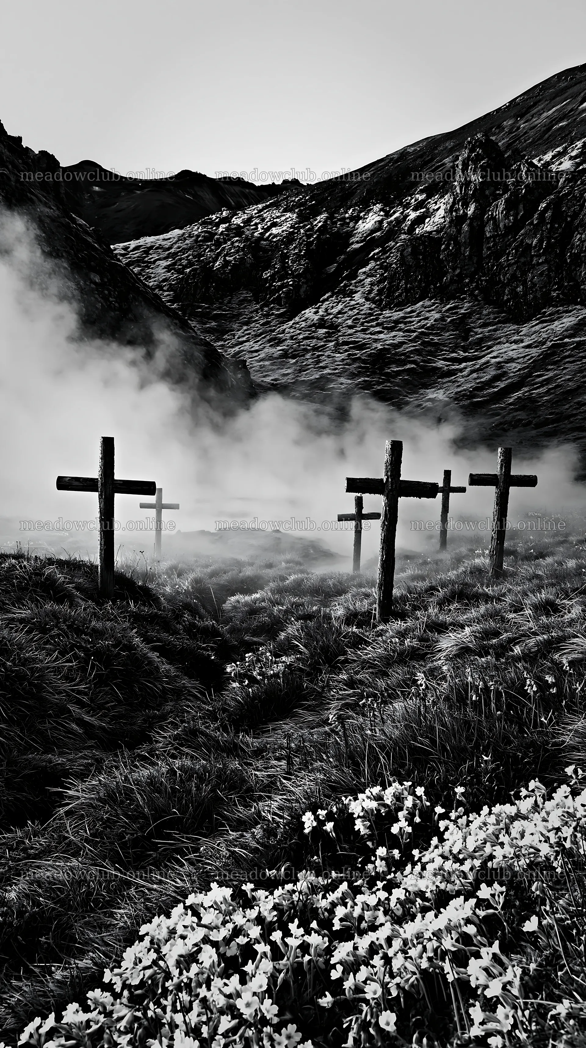 Christian crosses around geothermal spring meadow – meadow photos 5938x10608