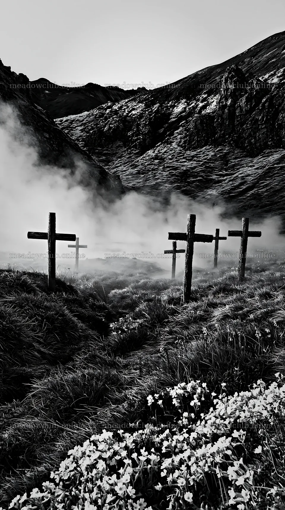 Christian crosses around geothermal spring meadow – meadow photos 5938x10608