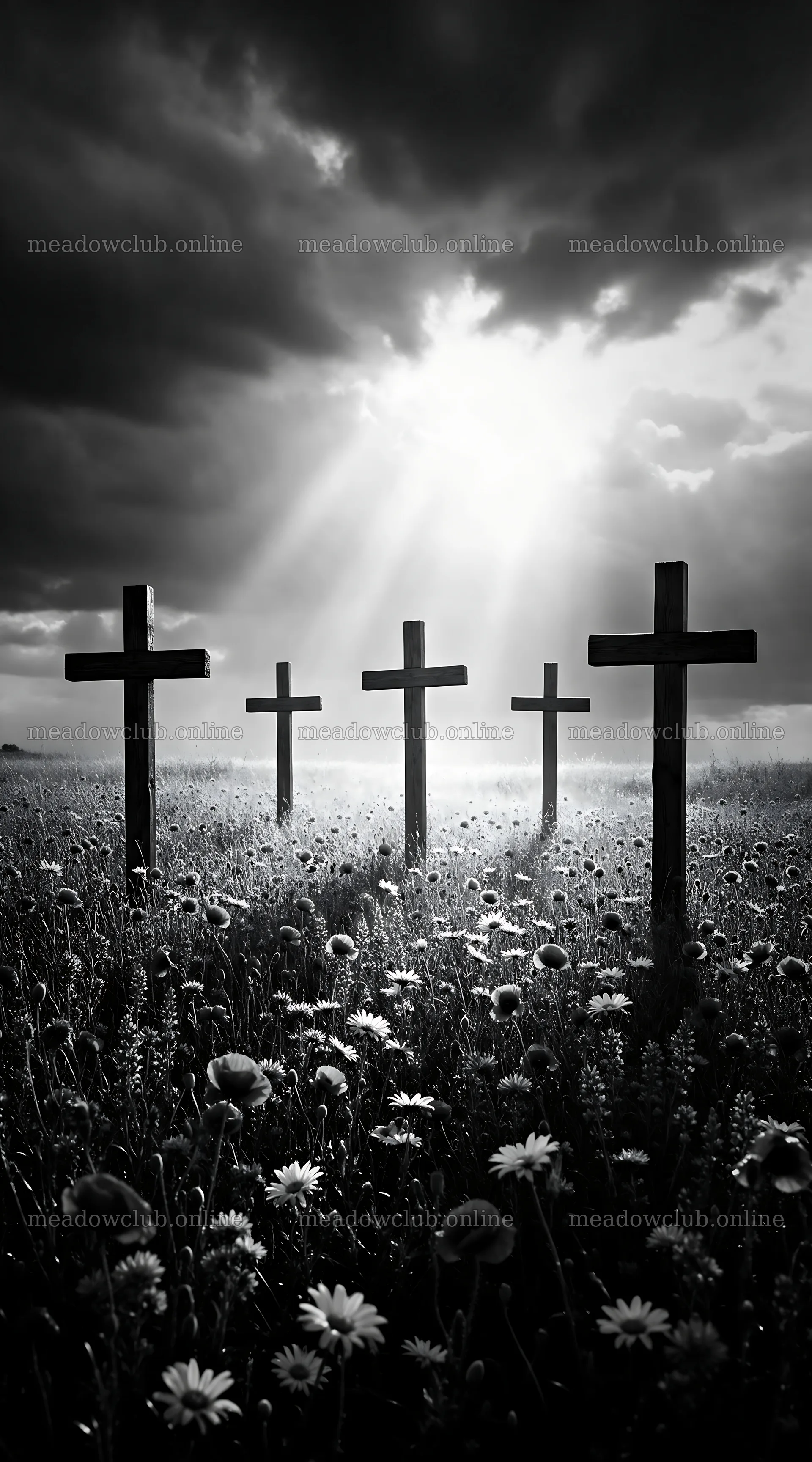 Christian crosses in meadow with rays of light from the sky – meadow photos 5916x10648