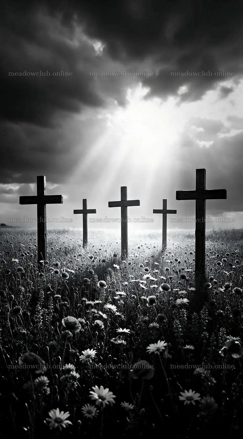 Christian crosses in meadow with rays of light from the sky – meadow photos 5916x10648
