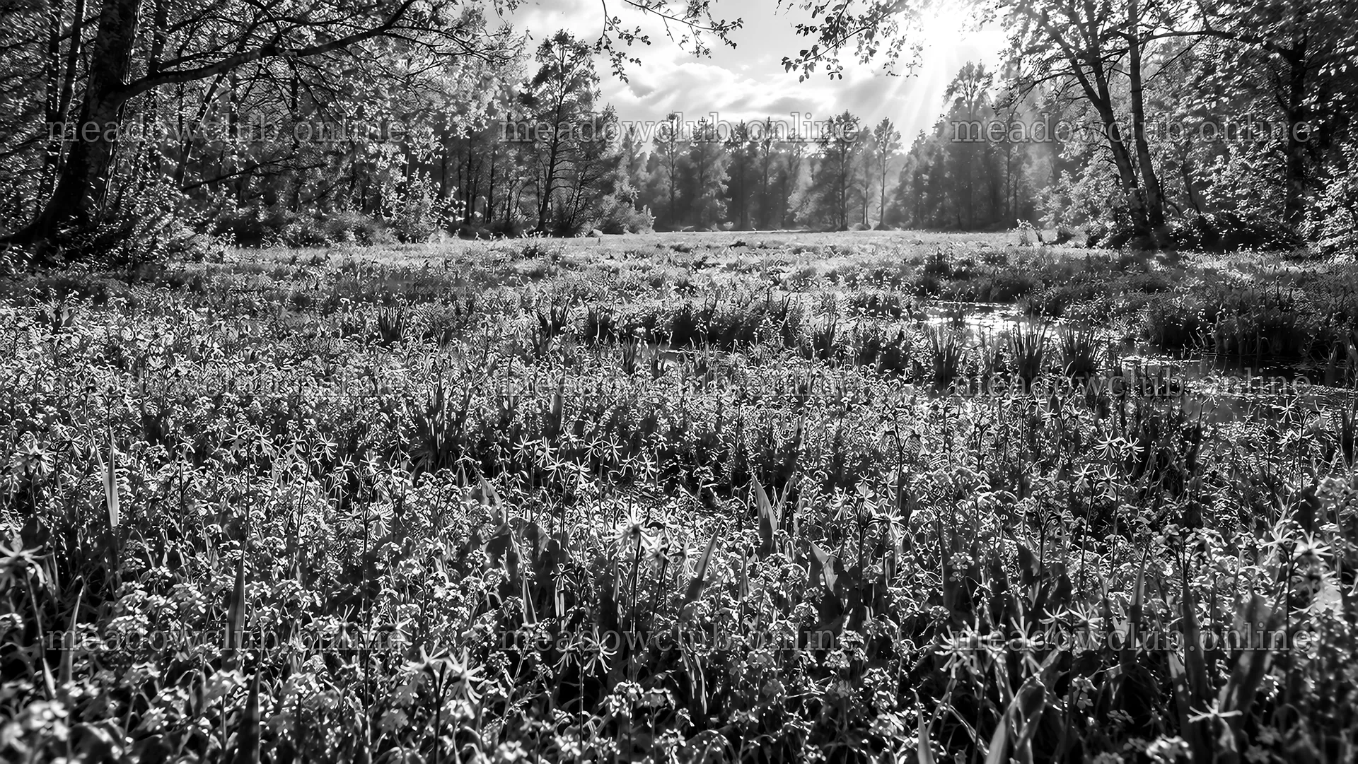 Monochrome Forest Clearing with Sunbeams – meadow photos 10324x5812