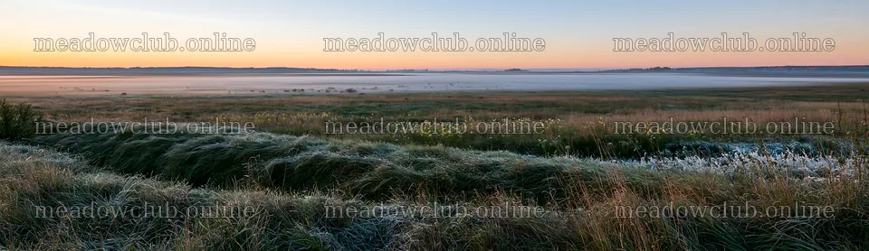 Frosty meadow at sunrise with mist and clear skies – meadow photos 14762x4268