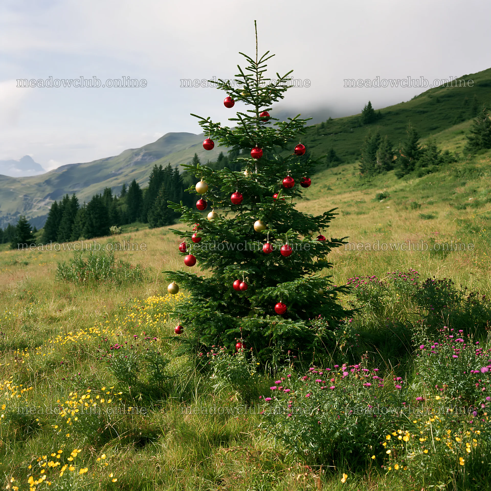 Christmas tree with baubles in mountain meadow landscape – meadow photos 7938x7938