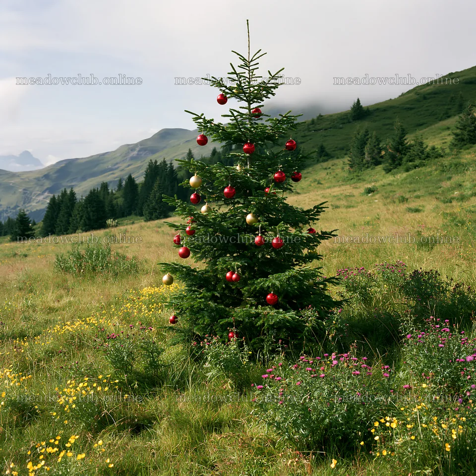 Christmas tree with baubles in mountain meadow landscape – meadow photos 7938x7938