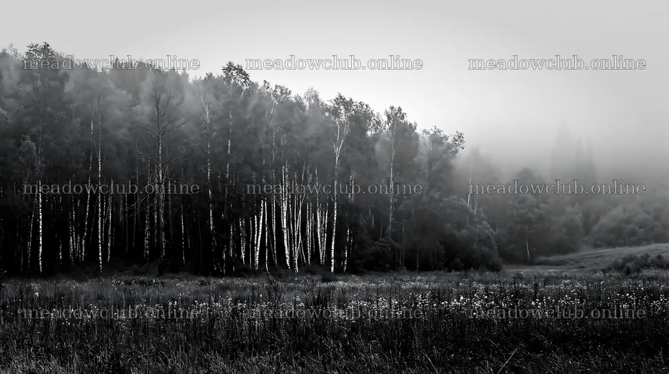 Birch trees in foggy meadow landscape – meadow photos 10608x5938