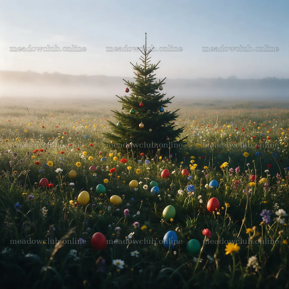 Vibrant Christmas tree in misty meadow with colorful eggs – meadow photos 7938x7938