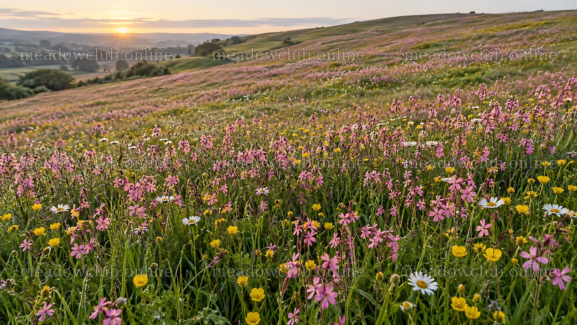 Colorful Wildflowers Across a Sunset Hillside – meadow photos 10324x5812