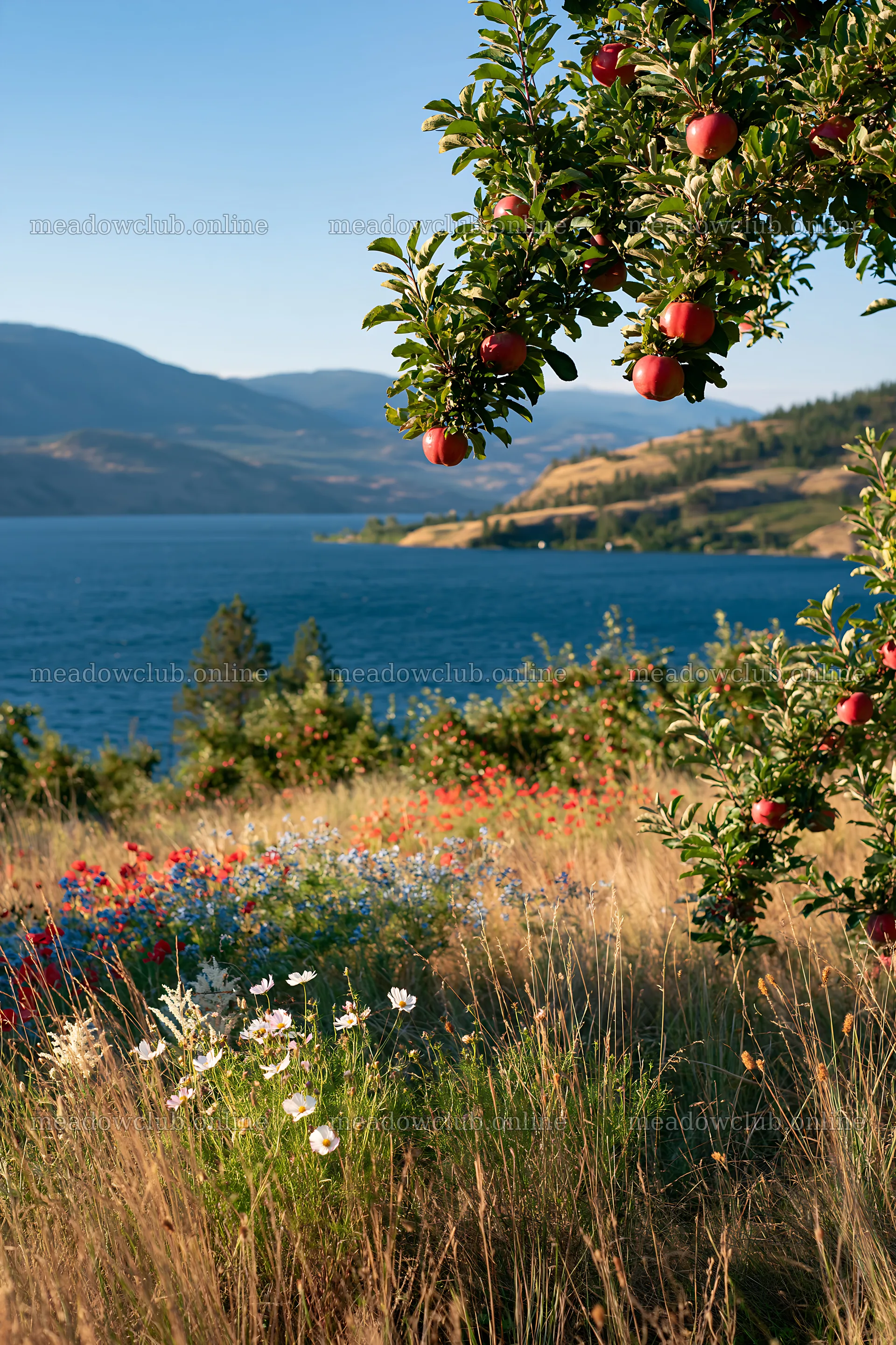 Lakeshore apple meadow with red apples and wildflowers – meadow photos 6480x9722