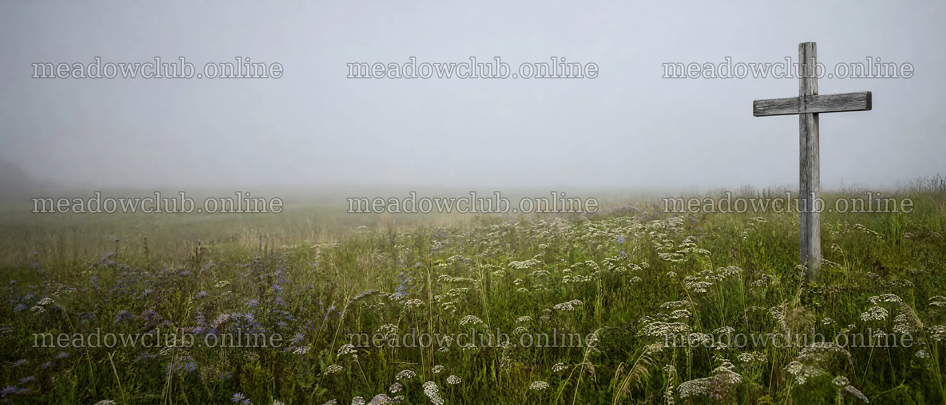 Weathered Christian cross in misty meadow with green grass – meadow photos 12124x5196