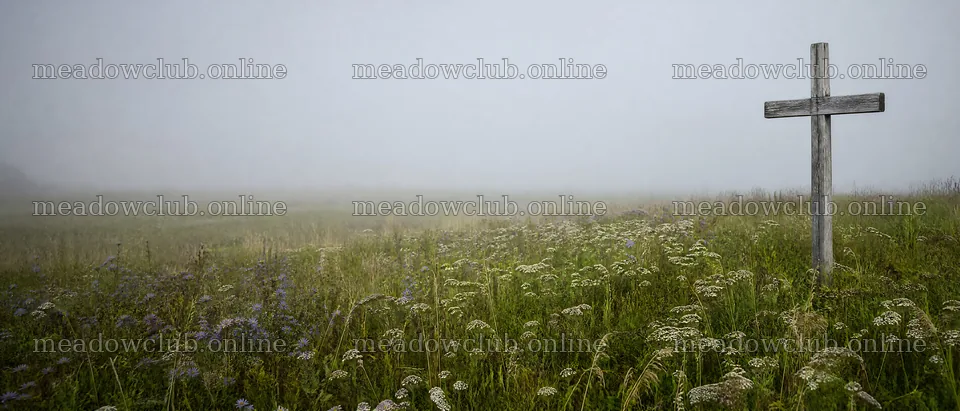 Weathered Christian cross in misty meadow with green grass – meadow photos 12124x5196