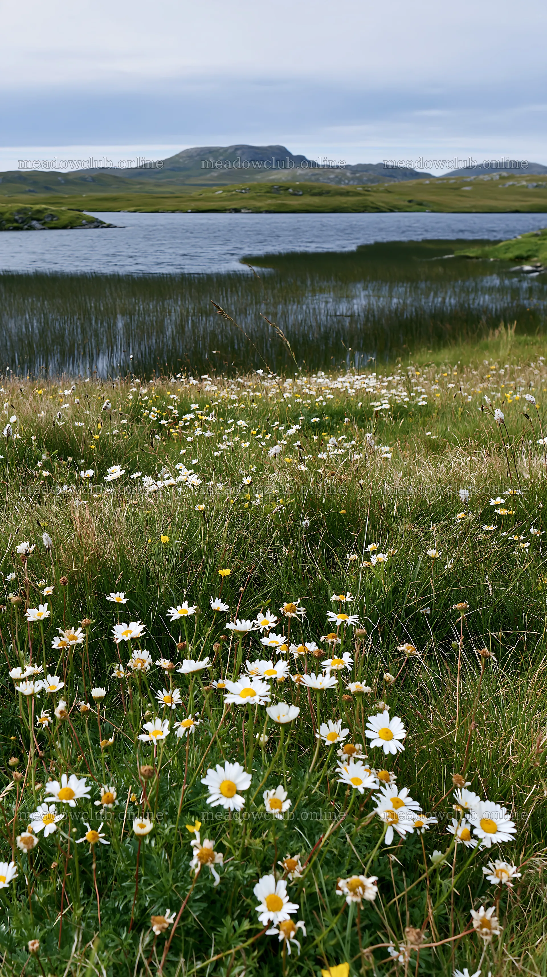 Aurora meadow coast with flowers and water in the background – meadow photos 5938x10608