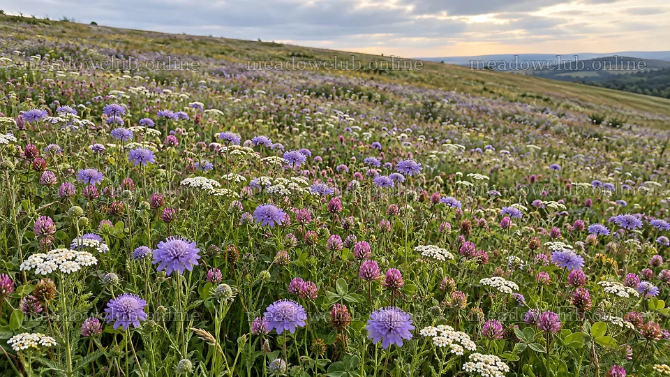 Wildflowers covering a sloping meadow beneath cloudy skies – meadow photos 10324x5812