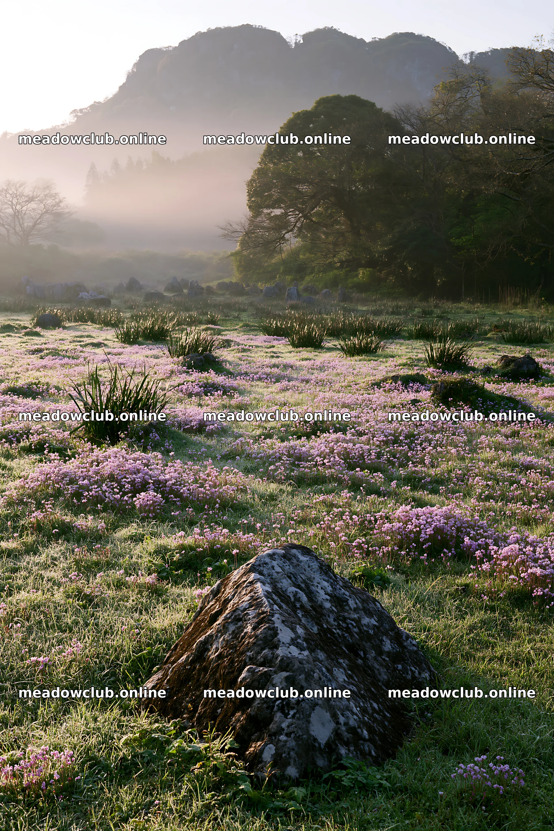 Yamaguchi limestone meadow with pale boulder in morning light – meadow photos 6480x9722
