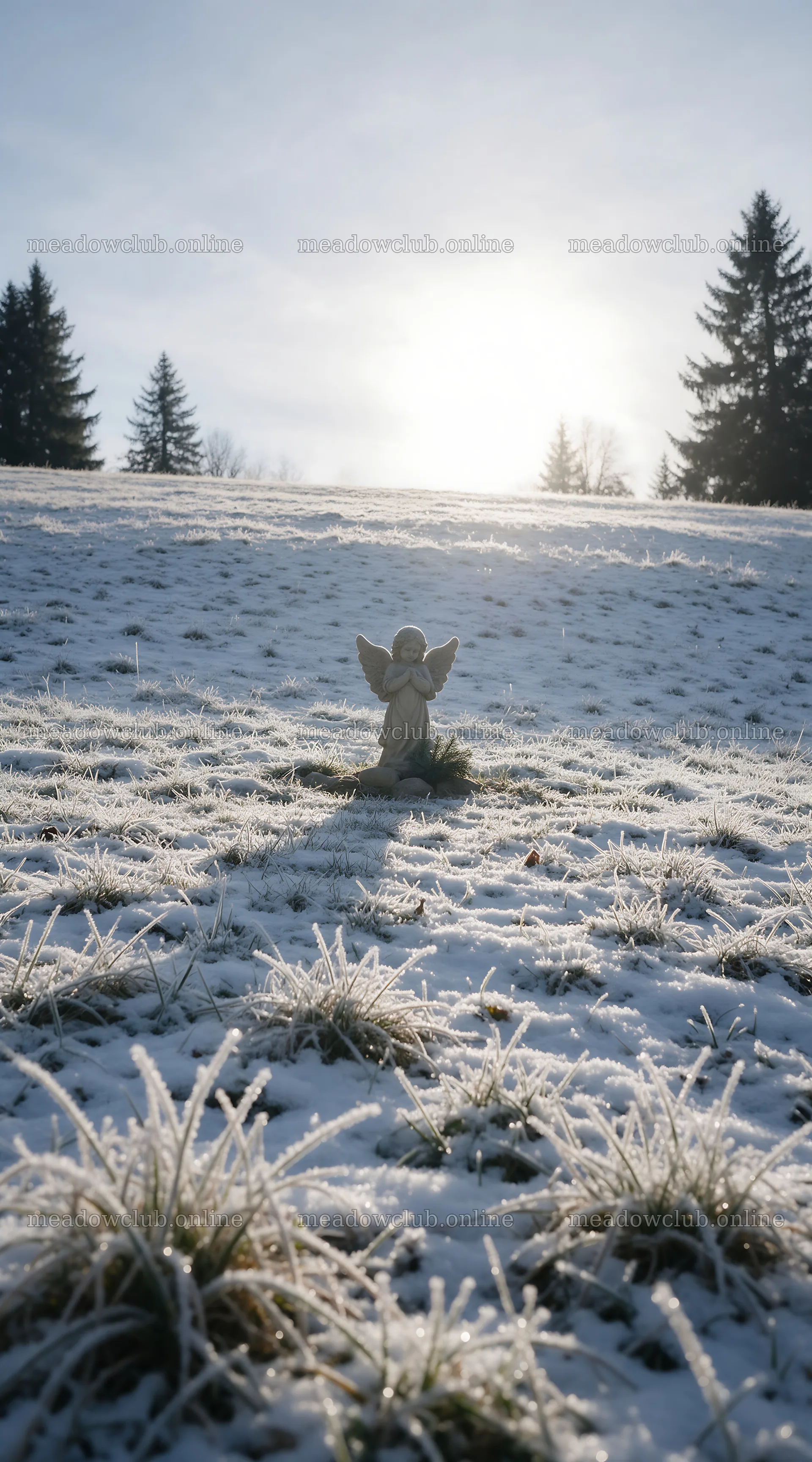 Winter angel in a snowy meadow under a bright sky – meadow photos 5916x10648
