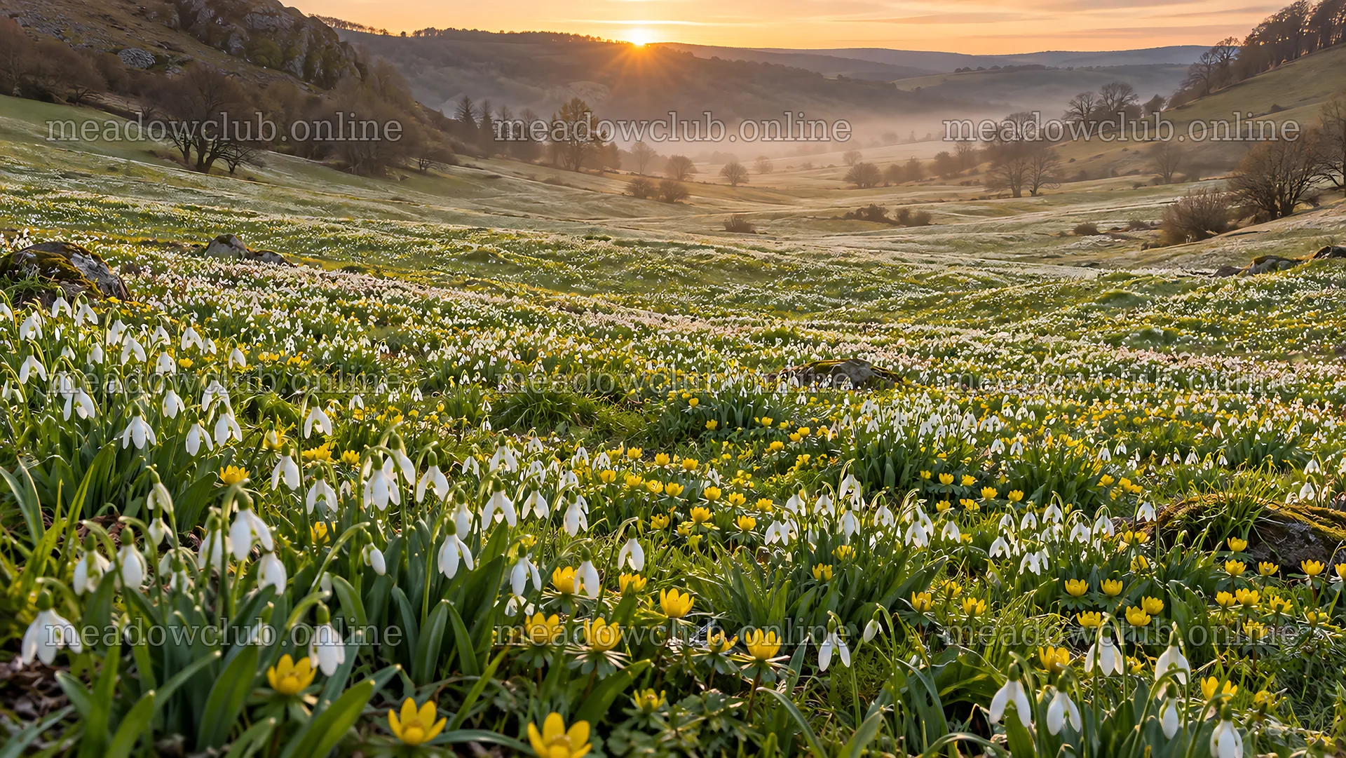 Spring Bulbs Across a Misty Valley Meadow – meadow photos 10324x5812