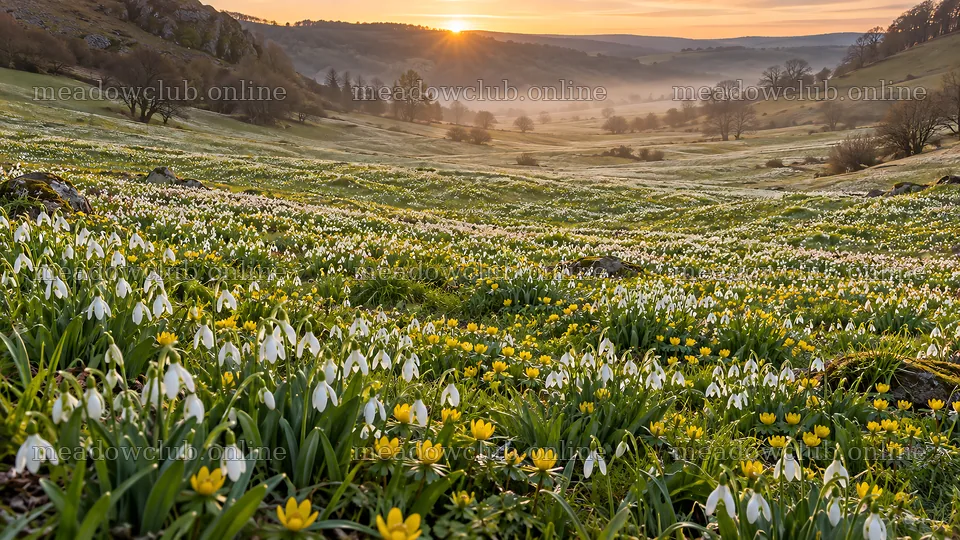 Spring Bulbs Across a Misty Valley Meadow – meadow photos 10324x5812