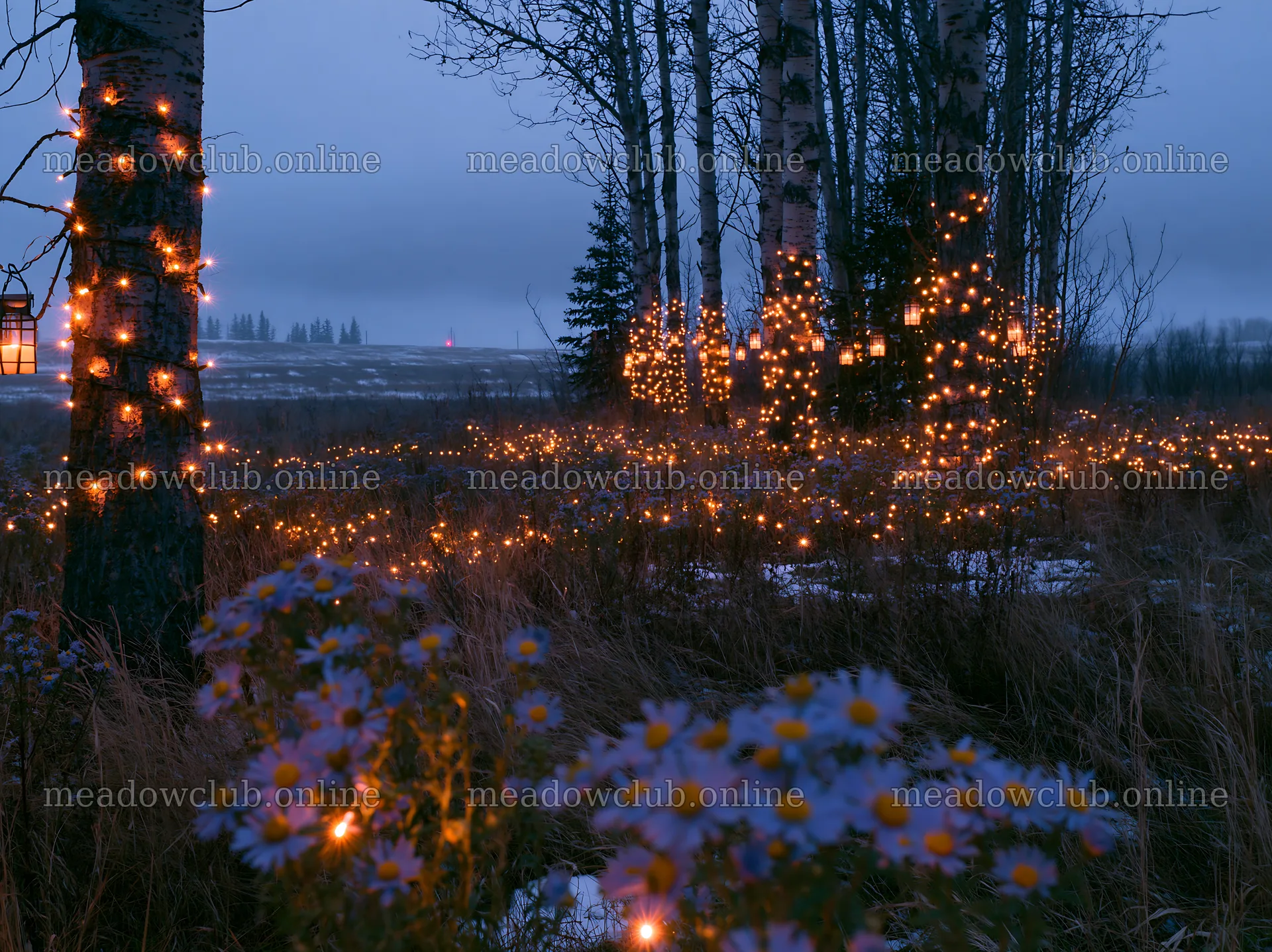Wide meadow of flowers with fairy lights during Christmas season – meadow photos 9174x6866